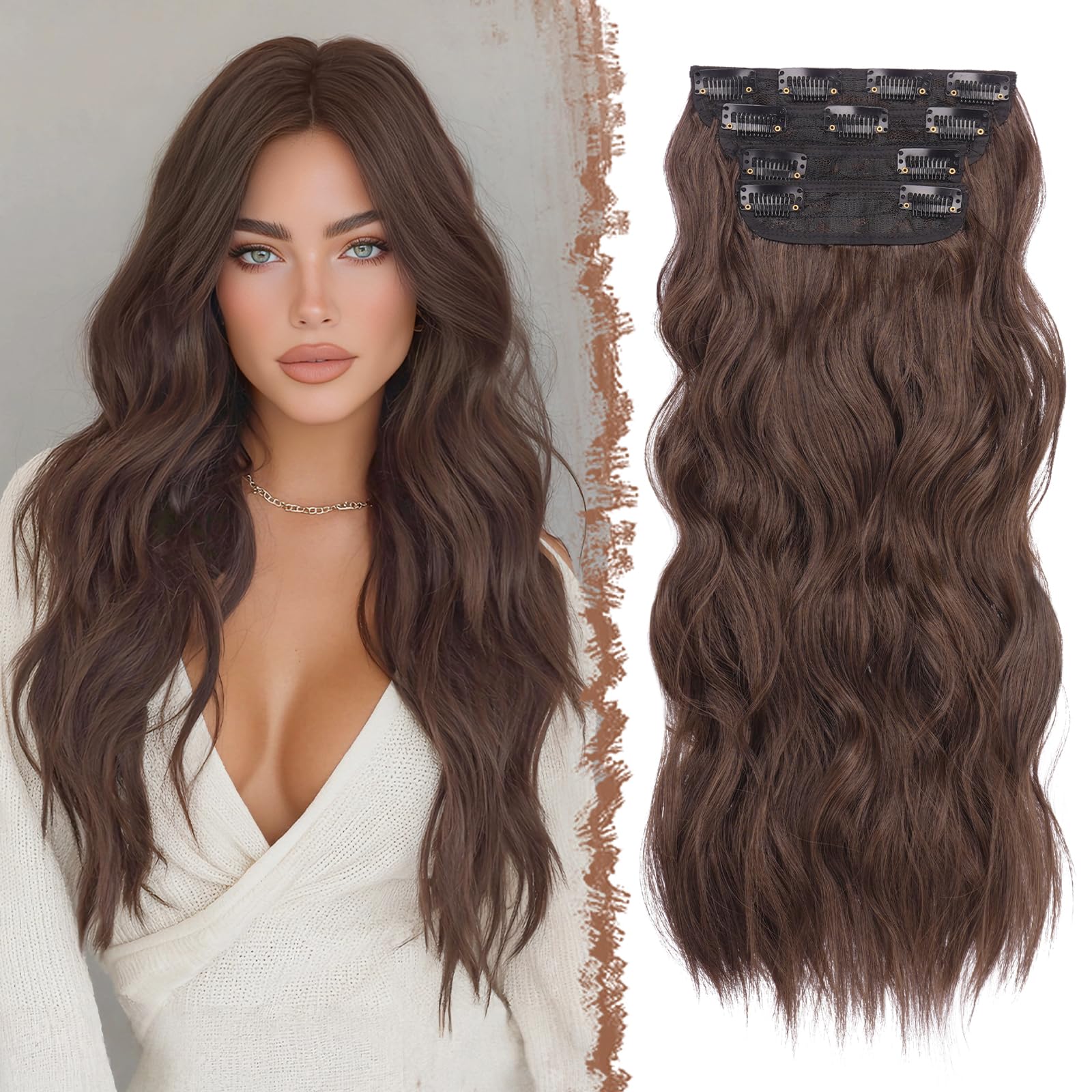 FESHFEN Clip in Hair Extensions 4 PCS Thick Hairpieces Chocolate Brown Long Wavy Clip in Hair Piece Full Head Synthetic Hair Extensions for Women, 20 Inches — image 1