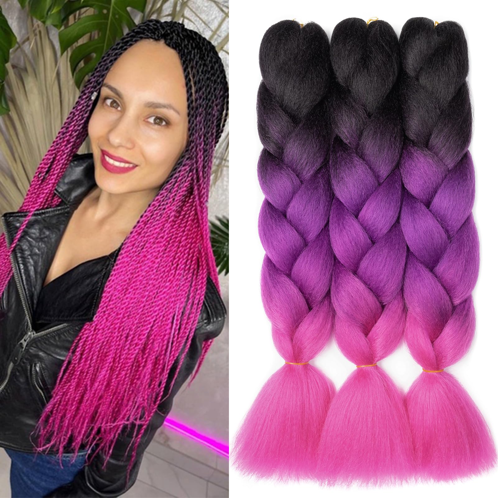Dcbaboo Jumbo Braiding Hair Extensions 3 Packs 24 Inch Synthetic Kanekalon Ombre Afro Crochet Braids Twist Hair 300g, Black-Purple-Rose Red — image 1