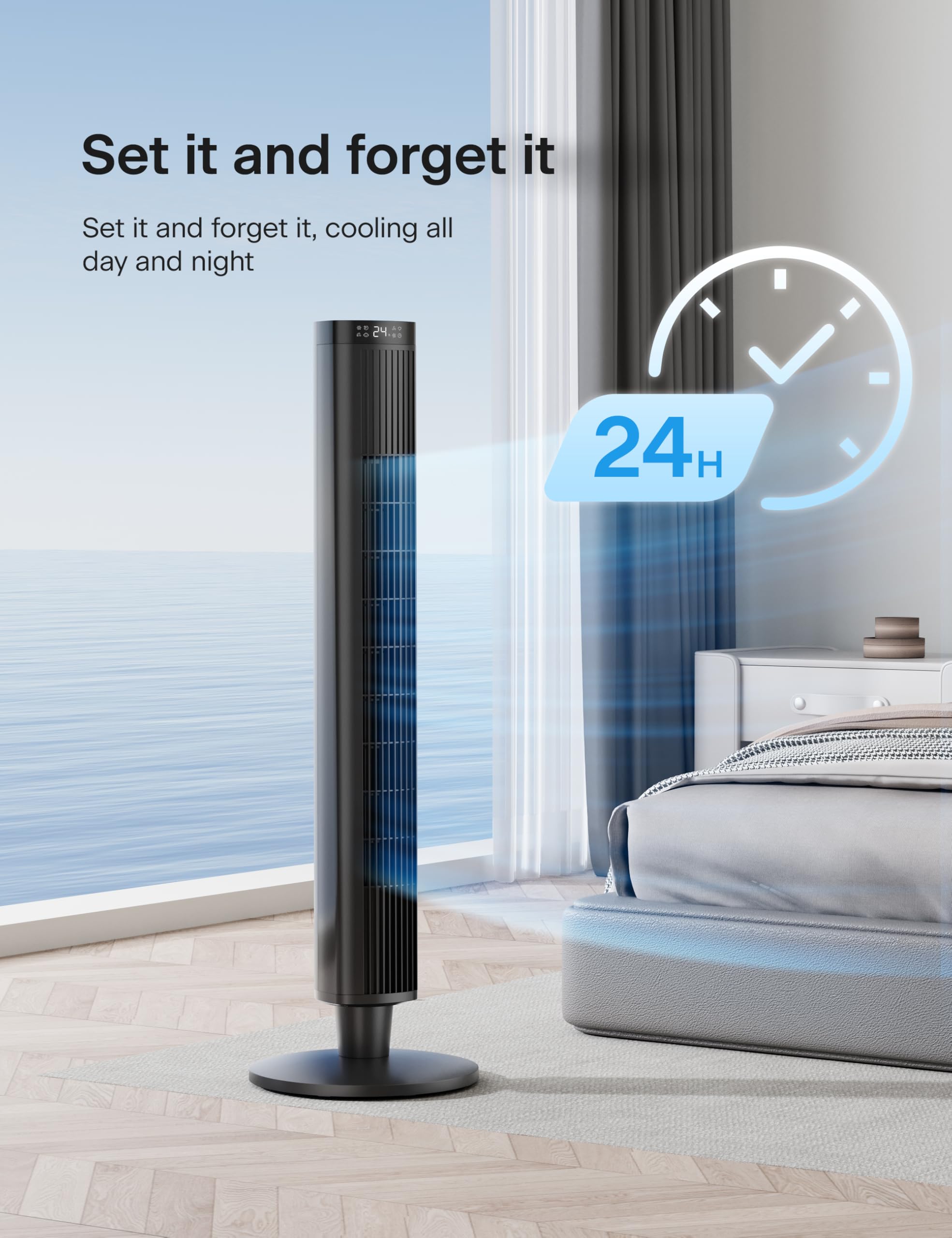 PELONIS 42-Inch Tower Fan for Bedroom – 26ft/s, 90° Oscillating Tower Fan with Remote Control, LED Display – Floor Fan for Indoors with 6 Speeds, 4 Modes and 24-Hour Timer – ETL Certified