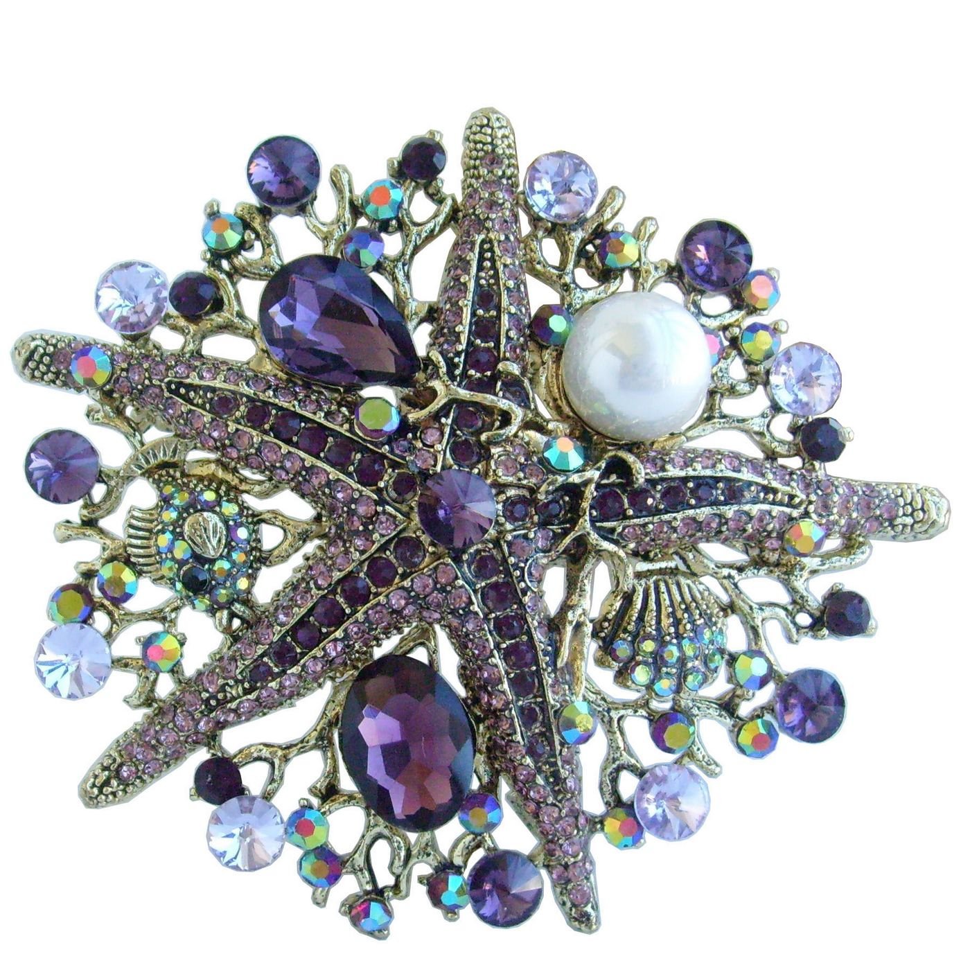 Sindary 3.15" Unique Starfish Brooch Pin Pendant Austrian Crystal UKB6412 (Gold-Tone Purple)
