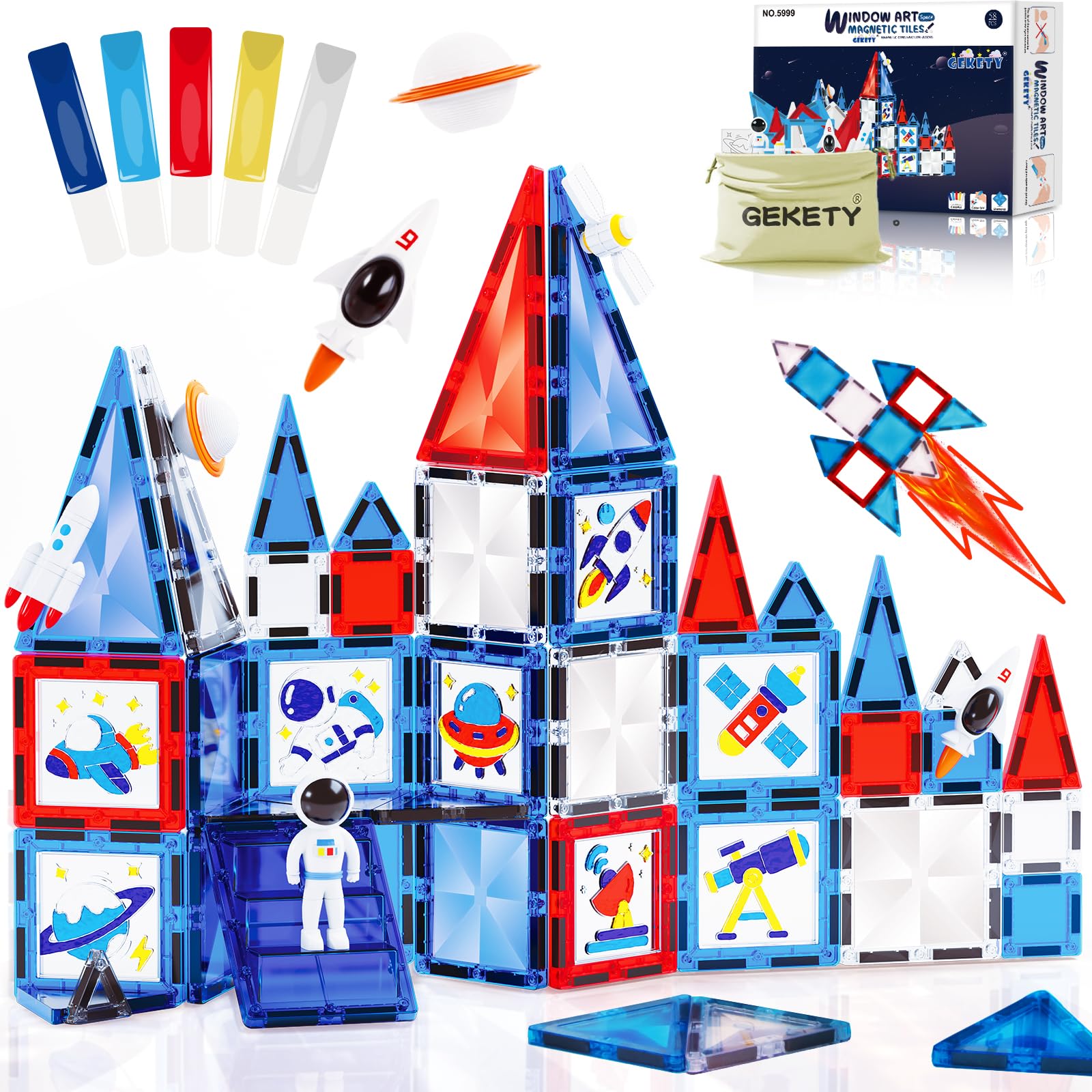 Photo 1 of Magnetic Tiles - 58 Pcs Space Magnets Building Blocks Set - Sensory Travel Toys for Toddler - STEM Construction Playboards Stacking Toy - DIY Window Art - Birthday Gifts for Boy, Girl, Kids Ages 3-12