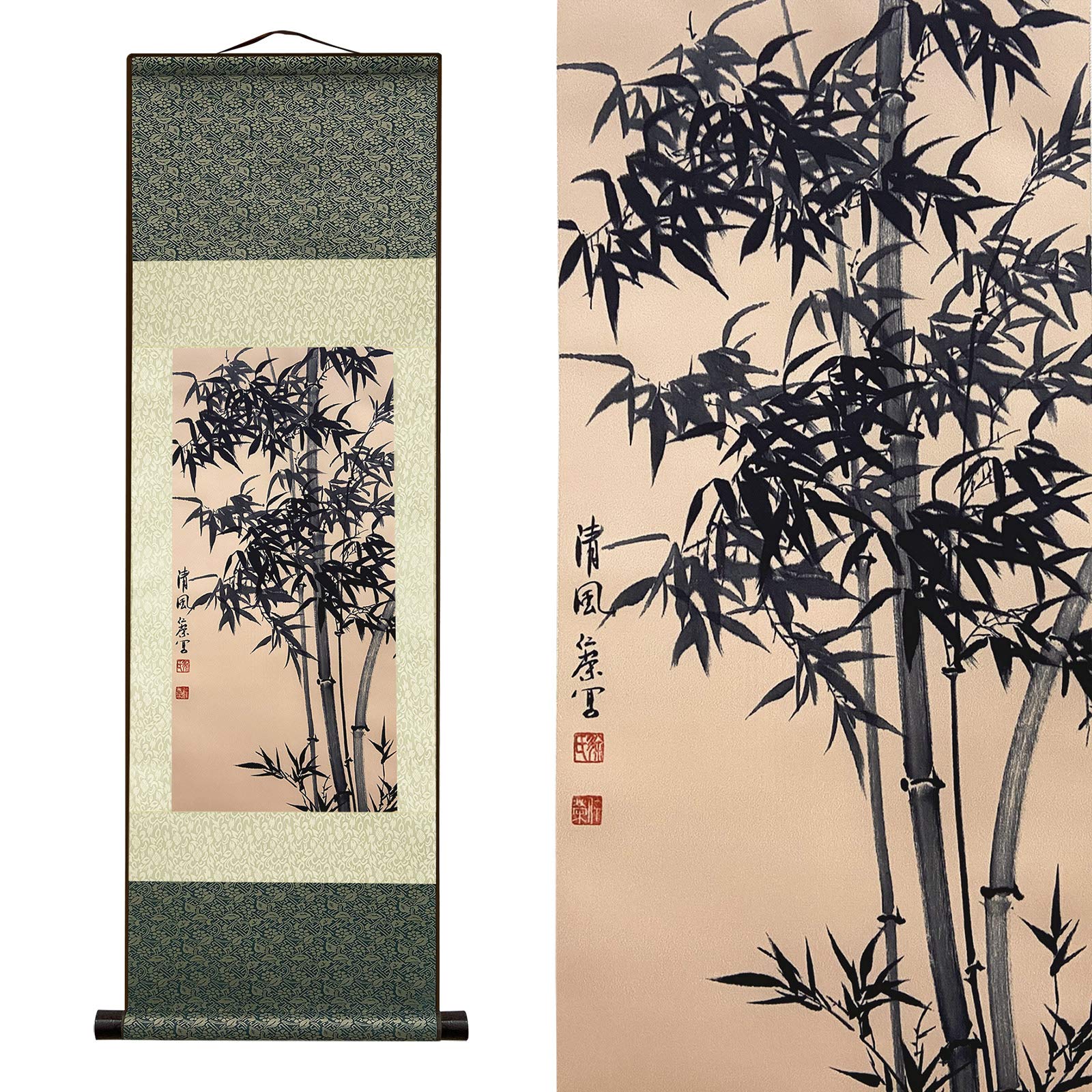 AtfArt Asian Wall Decor Beautiful Silk Scroll Painting Bamboo Leaf Plant - Ancient Bamboo Oriental Decor Chinese Art Wall Scroll Wall Hanging Painting Scroll (36.2 x 12 in)