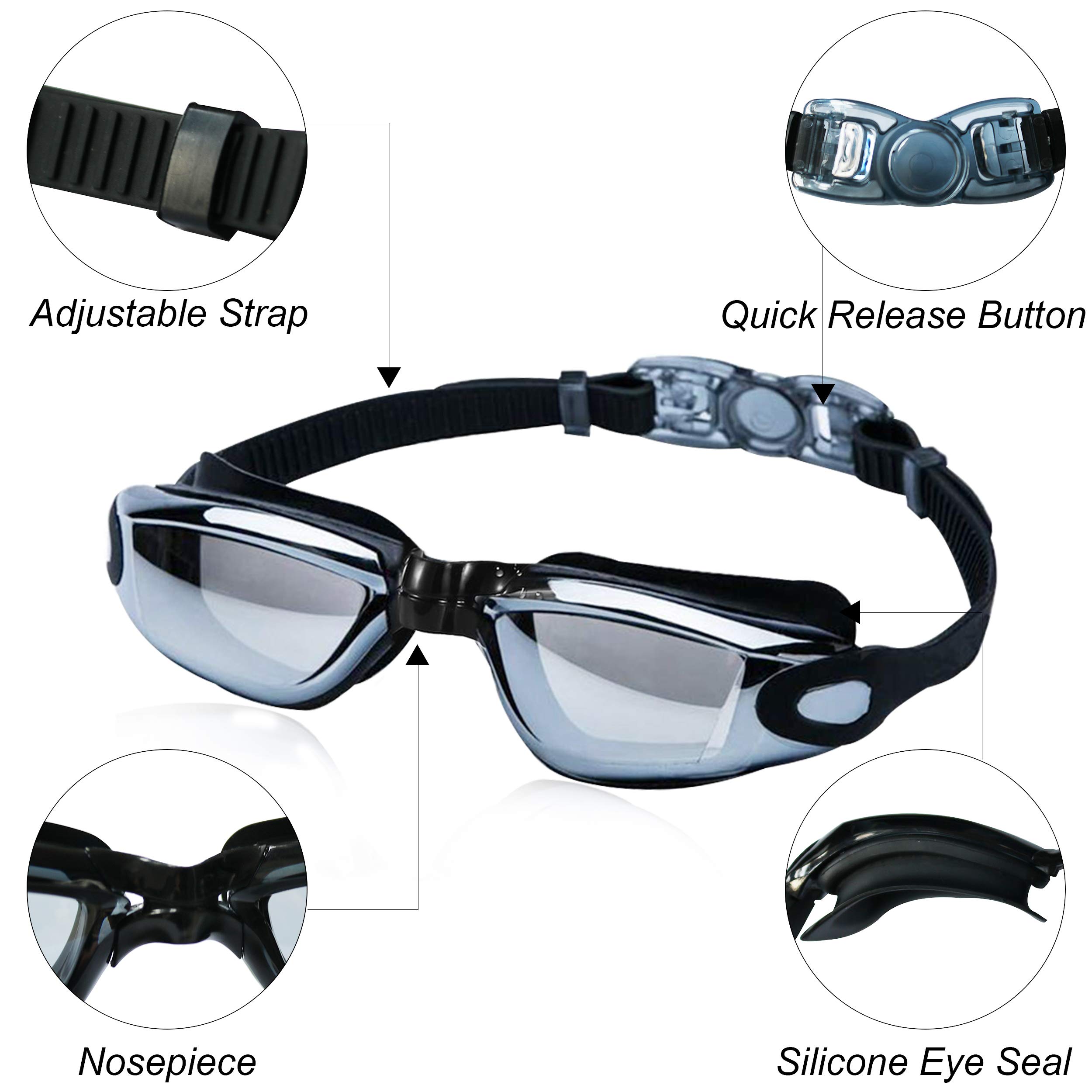 Swimming Goggles Adult, Swim Goggles Anti Fog No Leaking UV Protection with Wide View for Men Women Youth