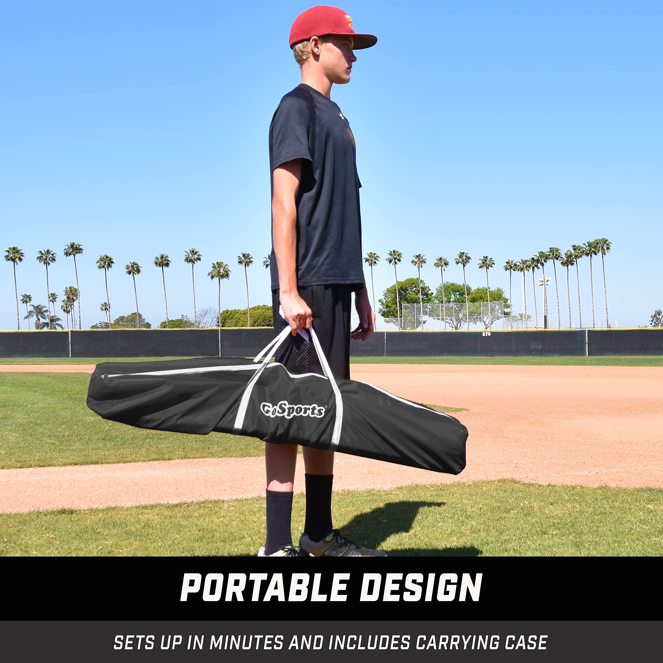 GoSports 7 ft x 7 ft Baseball & Softball Nets - Red, Black, or PRO -Practice Hitting & Pitching Net with Bow Type Frame, Carry Bag and Strike Zone, Great for All Skill Levels