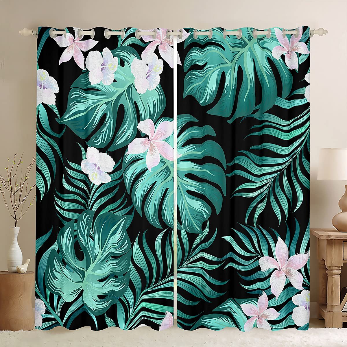 Tbrand Tropical Leaves Room Curtain Palm Leaves Botanical Floral Curtain for Bedroom for Kids Women Adults Blossom Flowers Curtain Green Plants Drapes,W46*L54