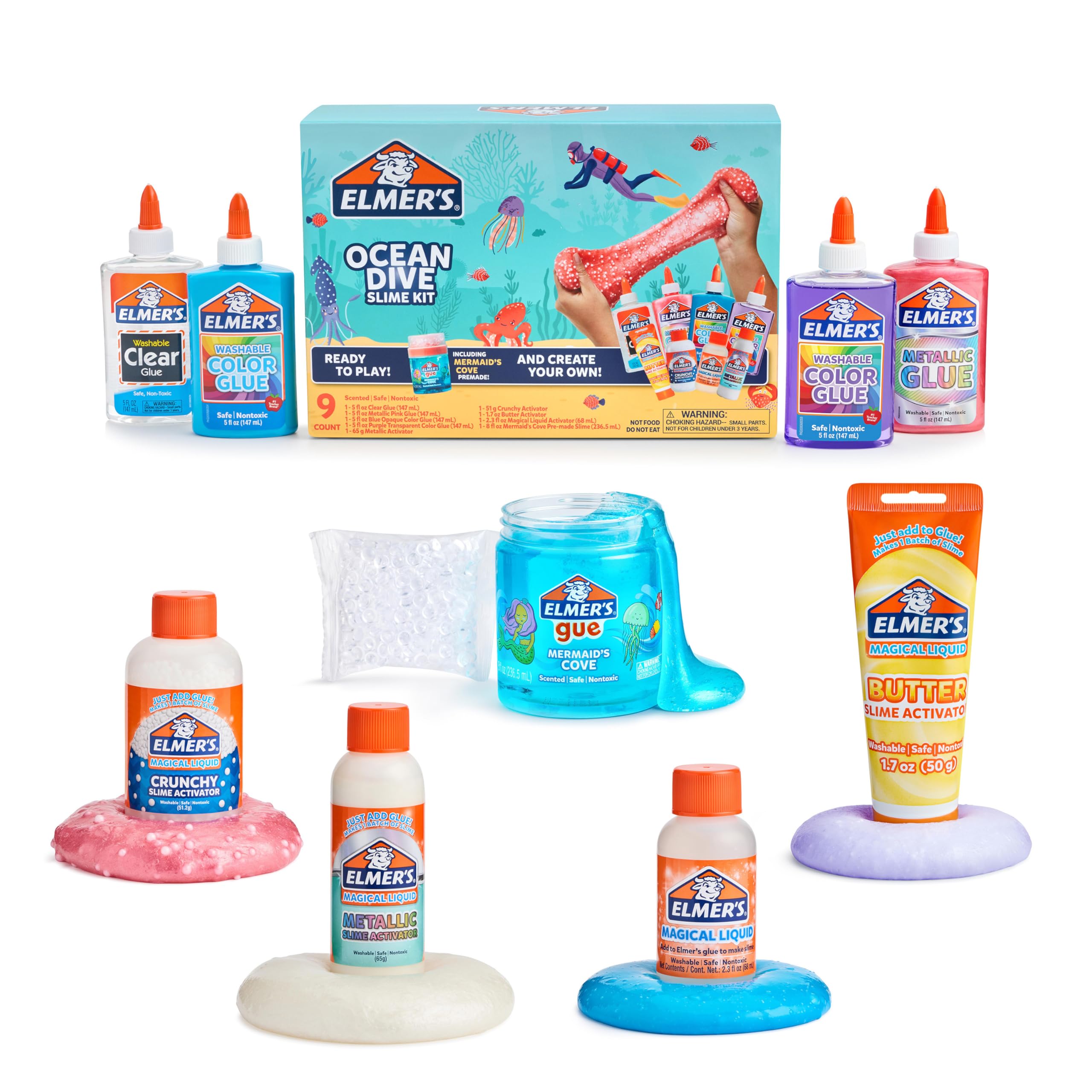 Elmer's Ocean Dive Slime Kit, Slime Supplies Include Liquid Glue, Activator, and Premade Slime, 9 Count Image