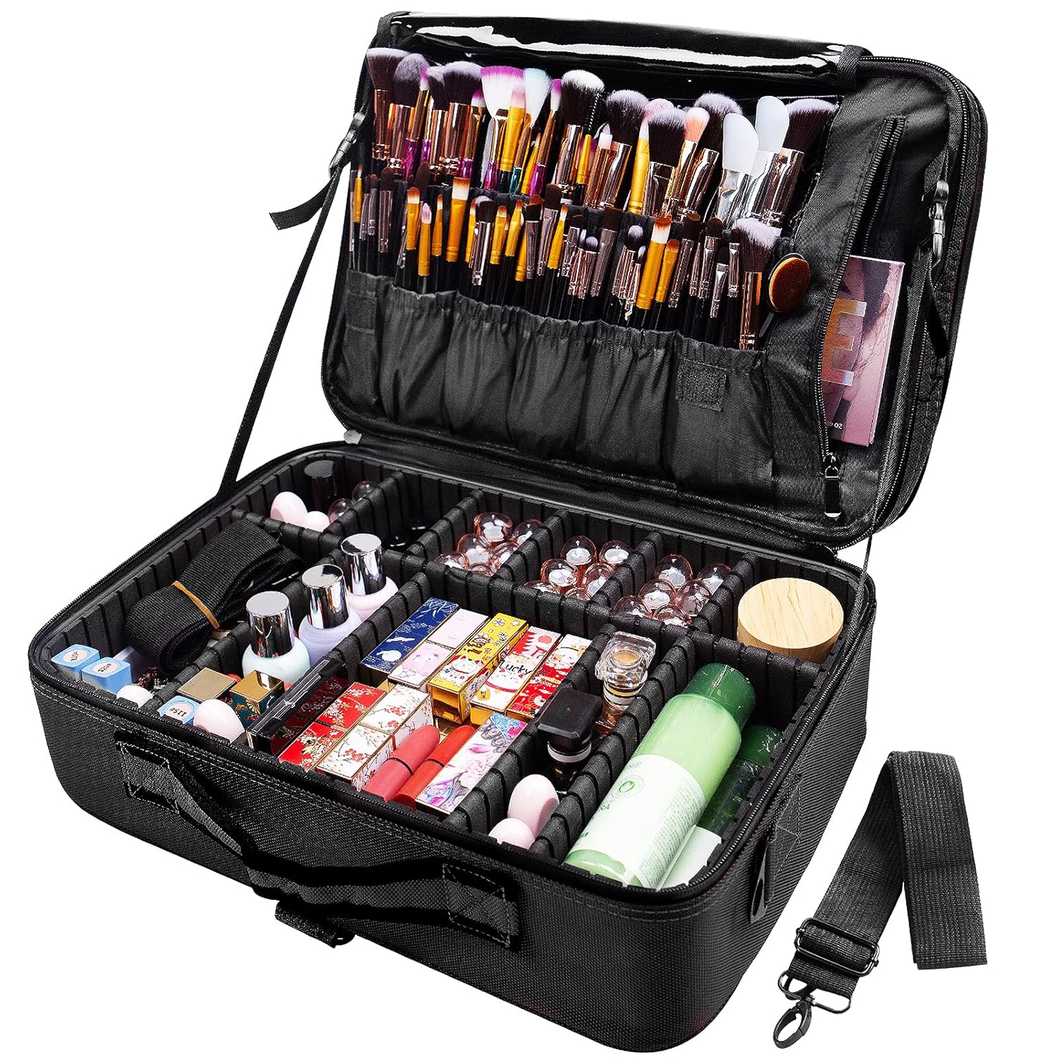 joyroom Large Makeup Bag 3 Layers Professional Travel Cosmetic Bag Makeup Organizer Case 15.7 inches Portable Artist Storage Brush Box with Adjustable Dividers and Strap for Makeup Accessories Black : Beauty