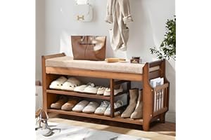 PETKABOO Shoe Bench with Hidden Drawer and Side Holder, 2 Tier Entryway Bench with Storage 39.4 in, Bamboo Shoe Rack with Cushion for Entryway Hallway Living Room Bedroom