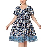 Agnes Orinda Plus Size Midi Dresses for Women Placed Pattern Bohemian Smock Waist V Neck Summer Dress