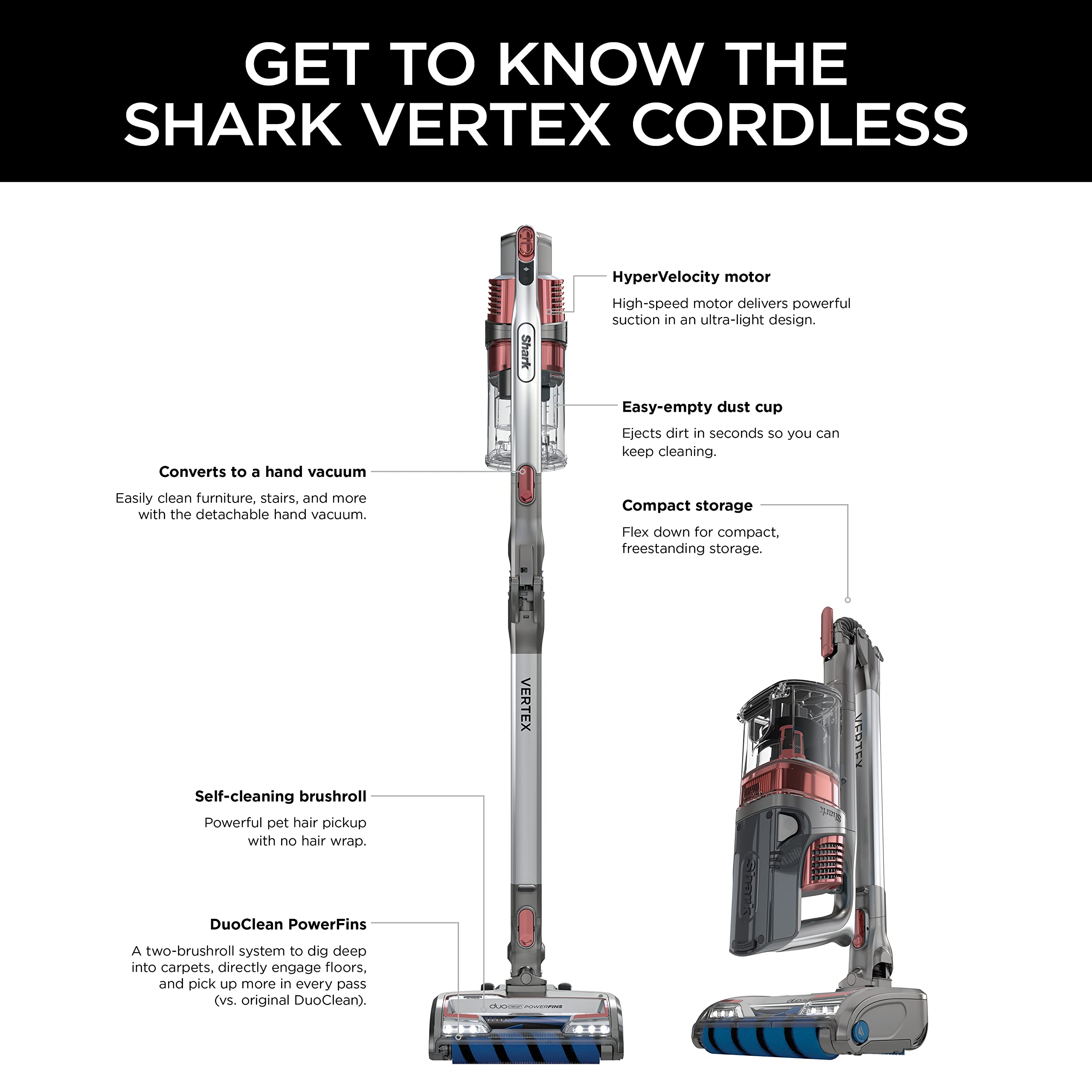 Shark IZ483H Vertex Cordless Stick Vacuum with DuoClean PowerFins, MultiFLEX, Crevice Tool, Pet Multi-Tool & Anti-Allergen Brush, 120-min Runtime, Double Battery, Rosewood,Red