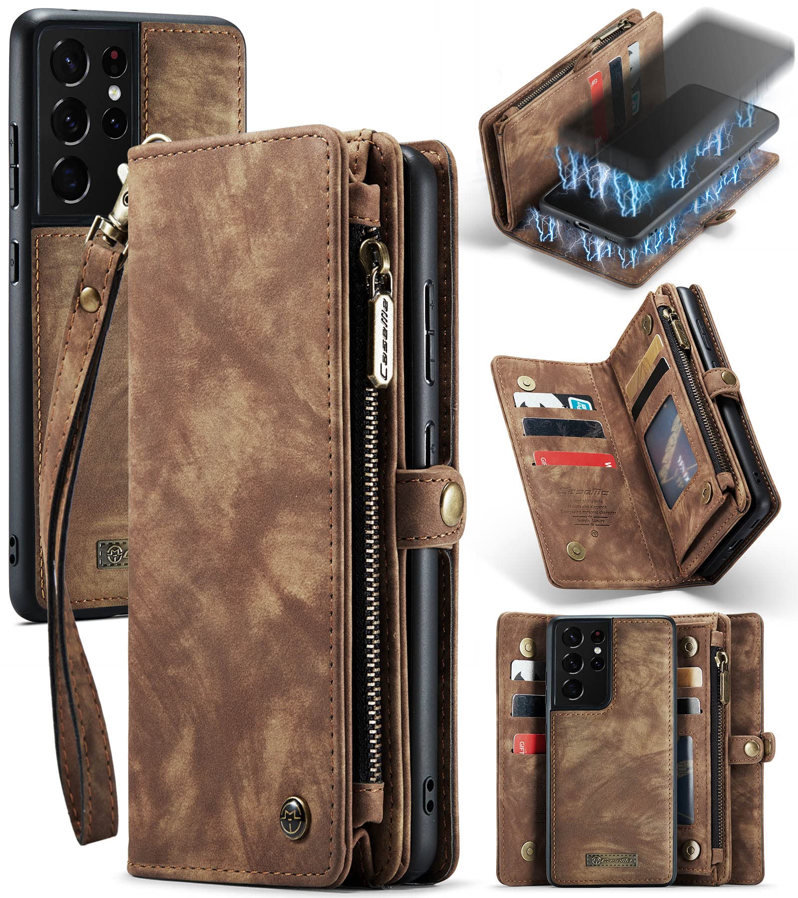 UFinetech 2-in-1 Samsung Galaxy S21 Ultra Case Wallet TPU Leather Design Flip Magnetic Slot Card Holder Zipper Stylish Luxury 2021 Detachable Purse Cover Holster for Samsung Galaxy S21 Ultra 5G Brown
