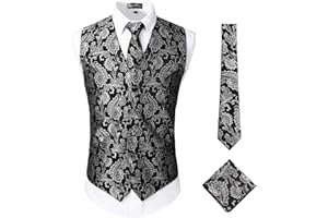 ZEROYAA Mens Classic 3pc Jacquard Paisley Vest Set Necktie Pocket Square Waistcoat for Suit or Tuxedo
