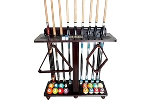 GACCO BILLIARDS Pool Cue Rack Floor Stand for Cue Stick at Any Size, A Full Set Of Balls, Billiard Table Accessory. Corner Pool Stick Holder 100% Solid Wood with Score Counter, Hook