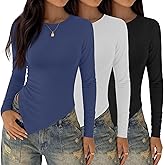 Oakgarden 3 Pack Asymmetrical Tops for Women Long Sleeve Casual Shirts Ruched Slit Fitted Basic Tees Y2k Going Out Tunic Top