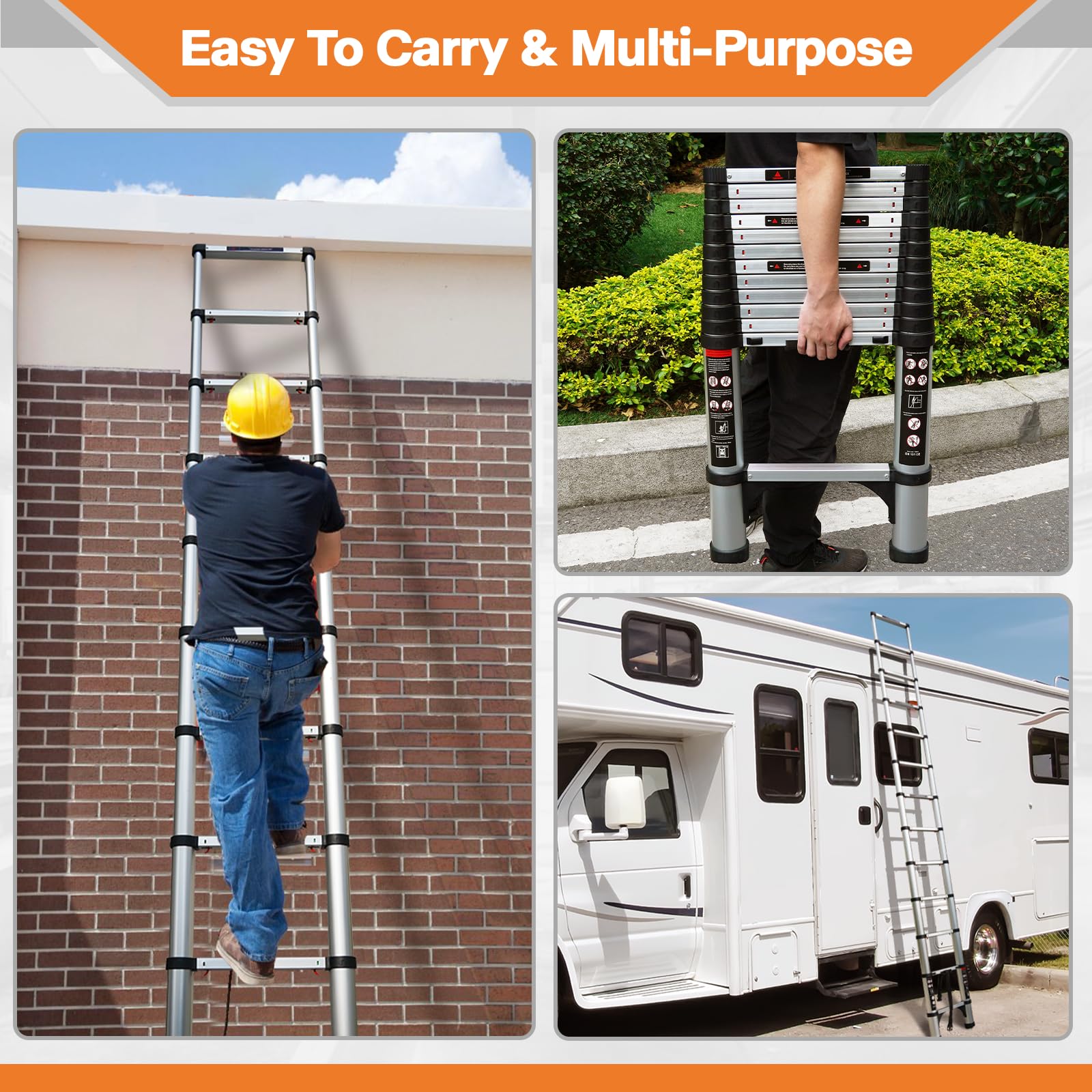 Augtarlion Telescoping Ladder, 12.5 FT One Button Retraction Aluminum Extension Ladder with Slow Down Design, Compact Telescopic Ladder for Home with 2 Triangle Stabilizers, Max 330lbs Capacity