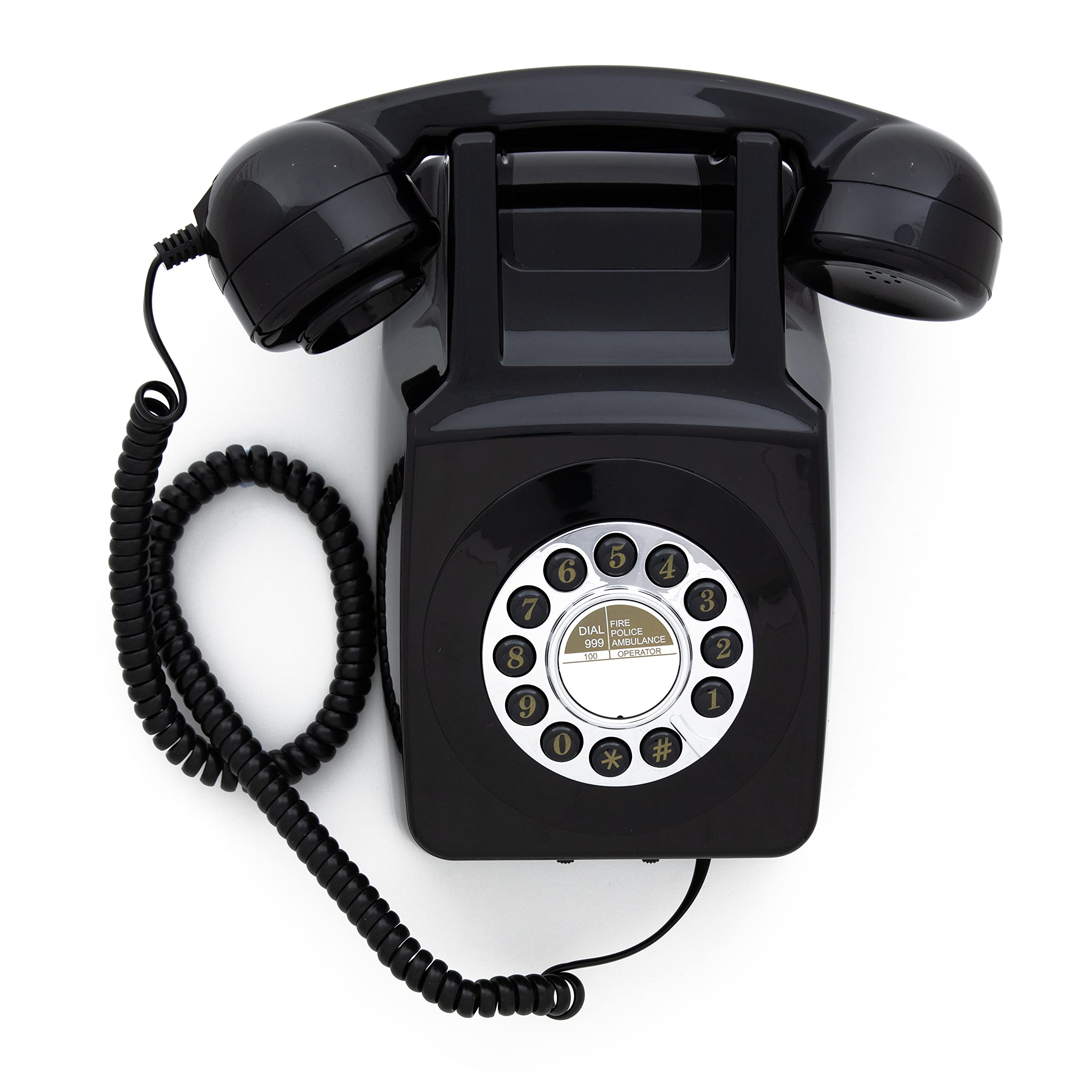 GPO 746 Wall-Mounted Push-Button Retro Landline Phone, Vintage Landline Telephone for Home, Office, Retro Phones with Authentic Bell Ring and Curly Cord, Black