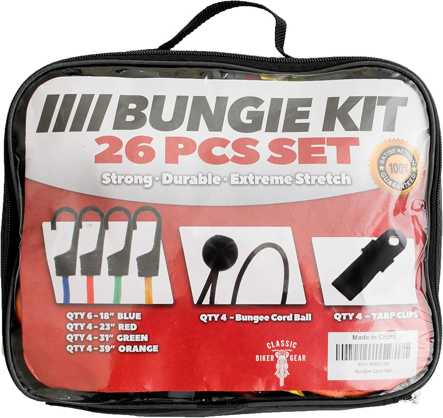 Classic Biker Gear Bungee Cords with Hooks 26pc Heavy Duty Assortment with Storage Case, Canopy Ties & Ball Bungees Bungie Cord Set: Automotive