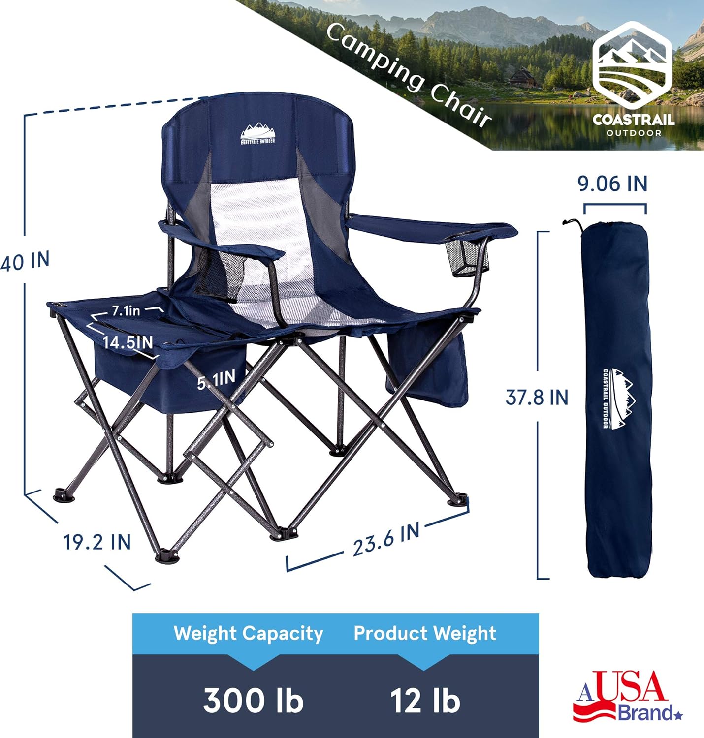 Coastrail Outdoor Folding Camping Chairs with Cooler Table Side Bag, Heavy Duty Steel 300 LBS Capacity for Adults Portable Compact Camp Chair with Cup Holder & Storage, Navy, Navy&Gray, Large : Sports & Outdoors