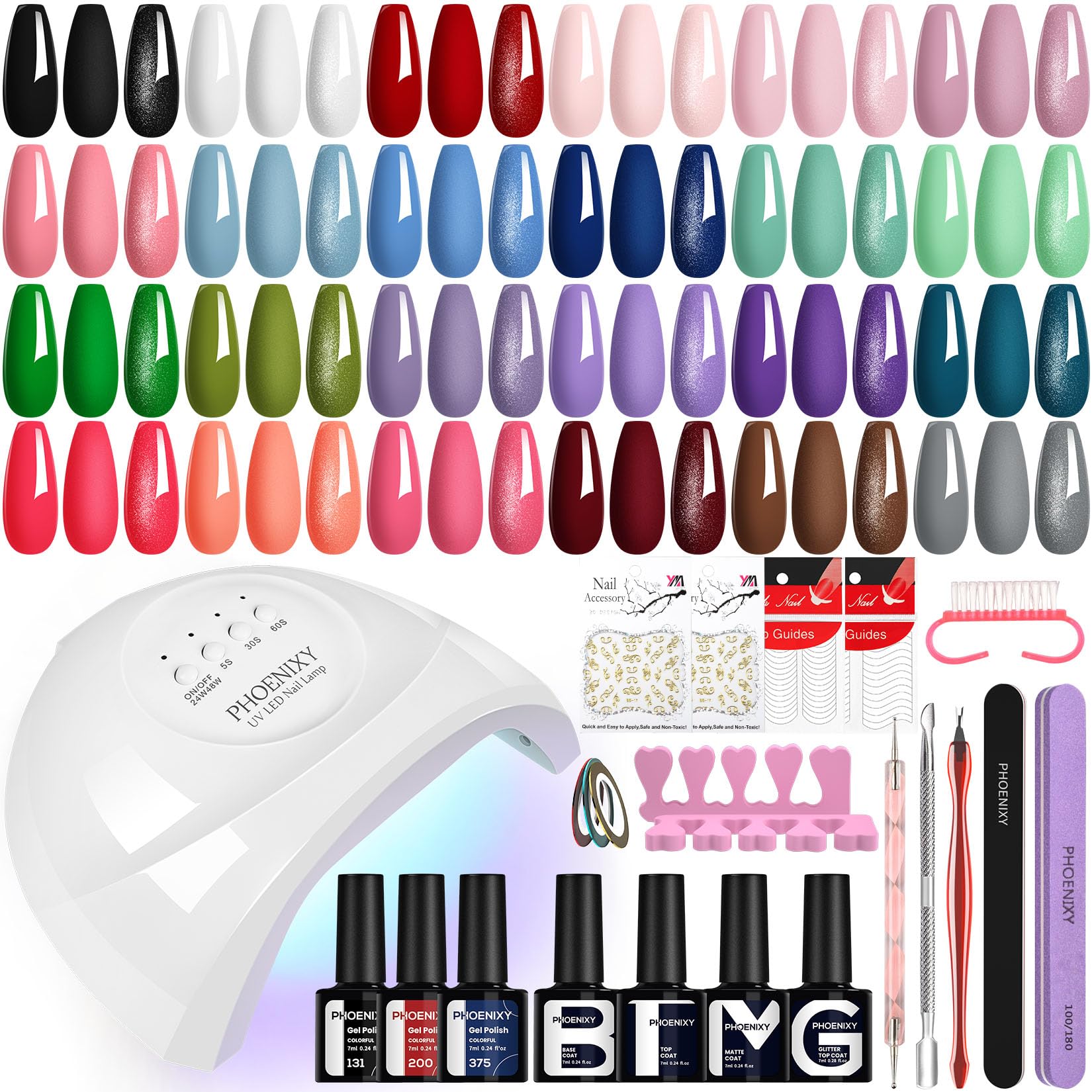 Phoenixy Gel Nail Kit, 72 Effects Gel Nail Polish Set with Base Top Matte Glitter Coat, 24 Colours Nails Kits with U V Lamp Manicure Set Gift for Women