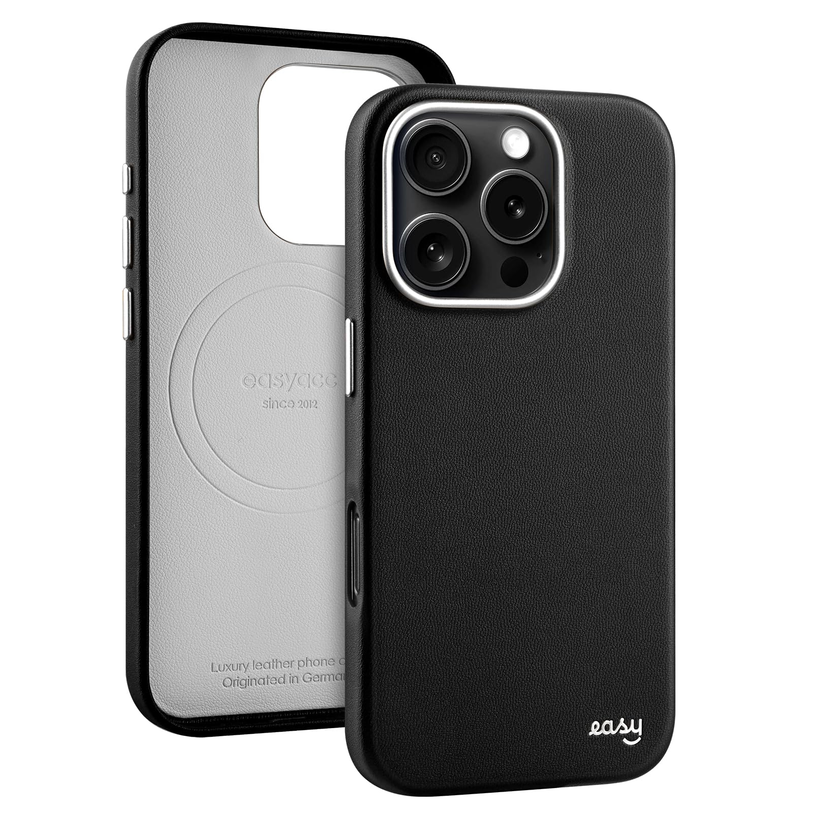 EasyAcc for iPhone 16 Pro Case,Eco Leather,Compatible with MagSafe,Dirt Resistant,Scratch-Resistant,Metal Buttons,Luxury Phone Cover for iPhone 16 Pro, Shockproof,Drop Protection,Black-Silver