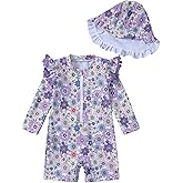 Toddler Girl Swimsuit Baby Girl Bathing Suit Long Sleeve Floral Zipper One-Piece Rash Guard Swimsuit with Hat