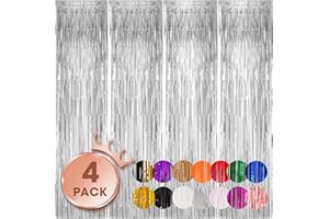 Voircoloria 4 Pack Silver Foil Fringe Backdrop Curtains, Tinsel Streamers Birthday Party Decorations, Fringe Backdrop for Graduation, Baby Shower, Gender Reveal, Disco Party