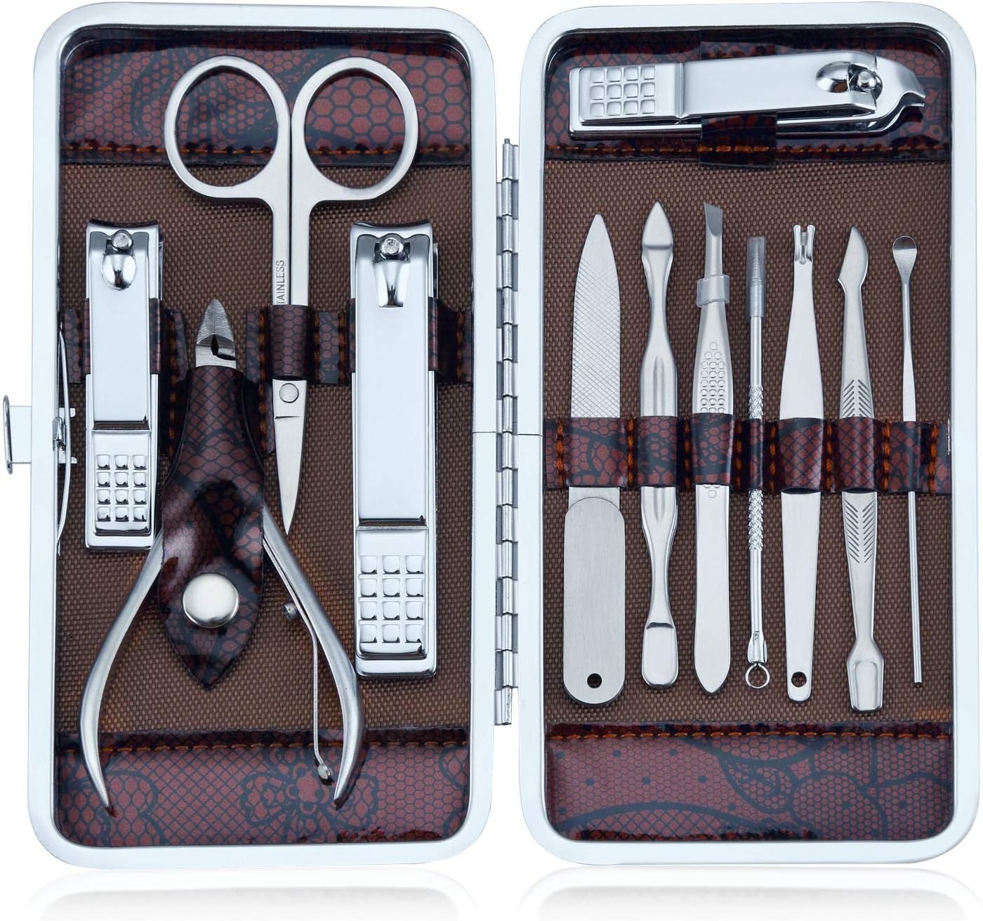 Keiby Citom Professional Stainless Steel Nail Clipper Set Nail Tools Manicure & Pedicure Set of 12pcs - Travel & Grooming Kit with Luxurious Case (Coffee)