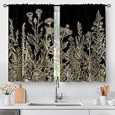 Aimego Flower Leaves Kitchen Curtains - Golden Floral Spring Rustic Plant Botanical Cafe Farmhouse Small Short Curtains for Bathroom RV Rod Pocket Window Drapes 36 Inch Length 2 Panels Set
