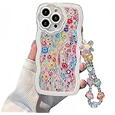 Pretaco Compatible with iPhone 13 Pro max Cases, Cute Wavy Edged Floral Design Pattern with Cute Flower Bracelet,Soft,eco-Friendly and Durable TPU Material for Women and Girls