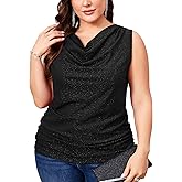 ZOMVA Plus Size 0X-4X Sparkly Glitter Ruched Tops Cowl Neck Sparkle Sequin Shirts with Side Shirring Cocktail Party Outfits
