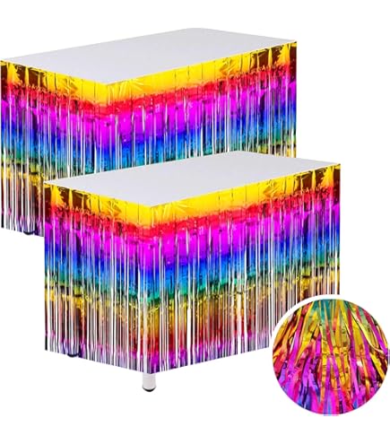 LOLStar Halloween Party Decorations 2 Pack Orange Purple And Black Wavy Metallic Tinsel Foil Fringe Table Skirts For Rectangle And Round Table, Perfect Table Decorations For Halloween Party