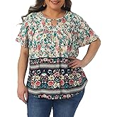Agnes Orinda Plus Size Women's Keyhole Ruffle Short Sleeve Tops Boho Floral Summer t Shirt Tops Blouse Vacation 2025