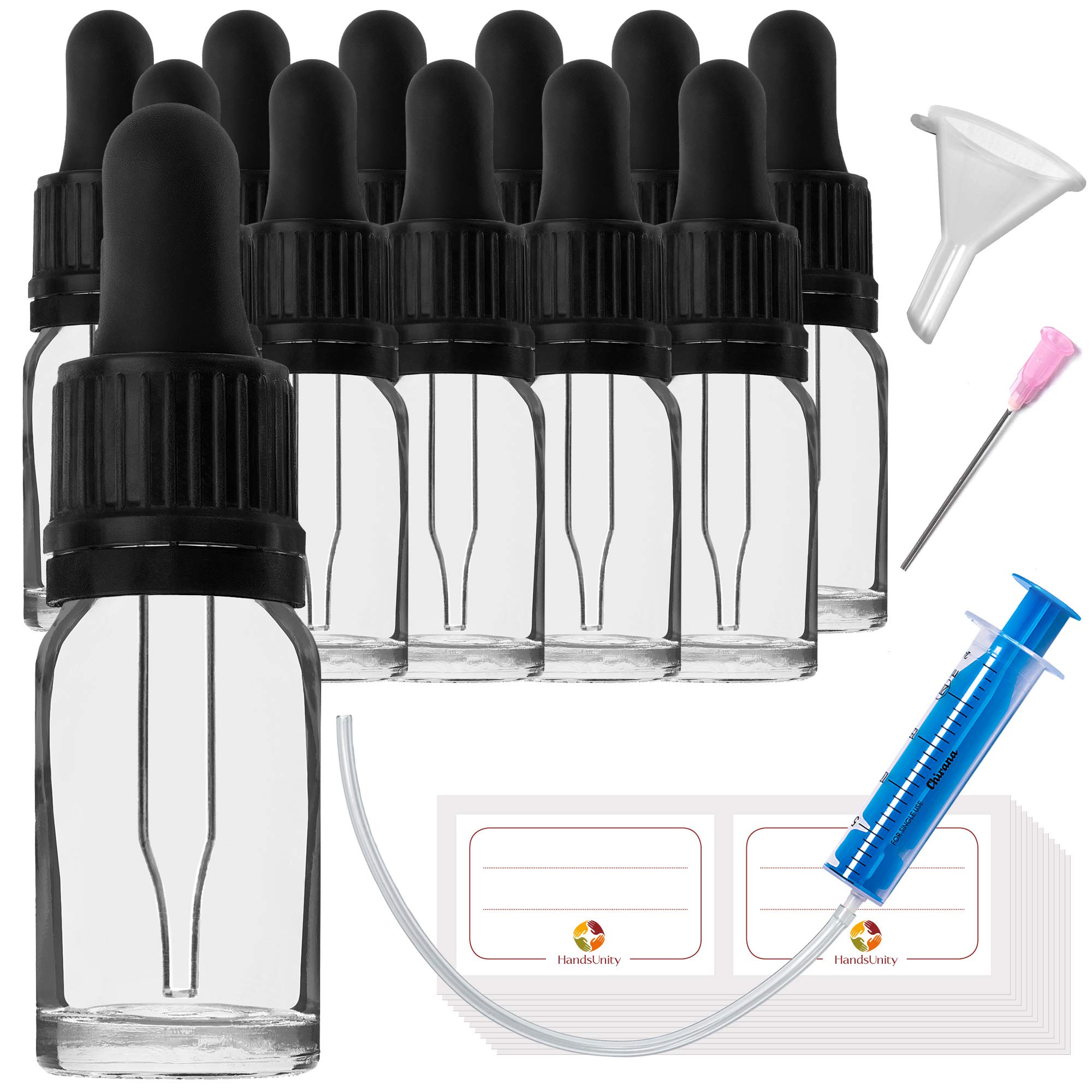 HandsUnity 10ml-12pcs Pipette Glass Bottle - Clear Glass Pharmacy Jar Set with Black Pipette Cap includes 29pcs Auxiliary Accessories Transparent Glass Bottles