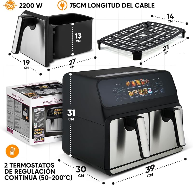 Proficook, Freidora de Aire Caliente Doble Compartimento 8L PC-FR1287H, 2 Recipientes de 4L, Acero Inoxidable, 9 Programas Automáticos, Ahorro de Energía, Apagado Automático, Freidora de Aire