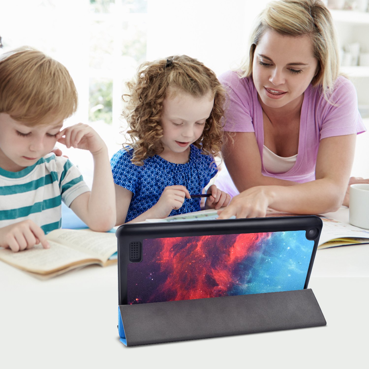 Kindle Fire 7 case, Dopup Slim Leather Smart Case Cover with Auto Wake/Sleep for Amazon Kindle Fire 7 Tablet, Stand Protector Folio Case (Galaxy)