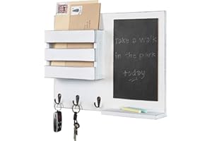 MyGift Vintage White Hanging Mail Sorter Rack with Chalkboard & 3 Key Hooks