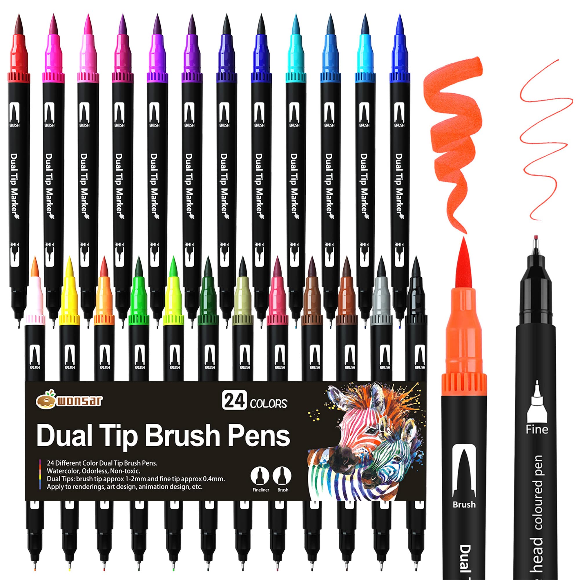 wonsar Dual Brush Pen Set: Filzstifte 24 Farben Dicke und Dünne Pinselstifte Marker Fineliner Aquarell Für Bullet Journal, Malbücher, Handlettering, Mandala stifte Malstifte Für Kinder und Erwachsene