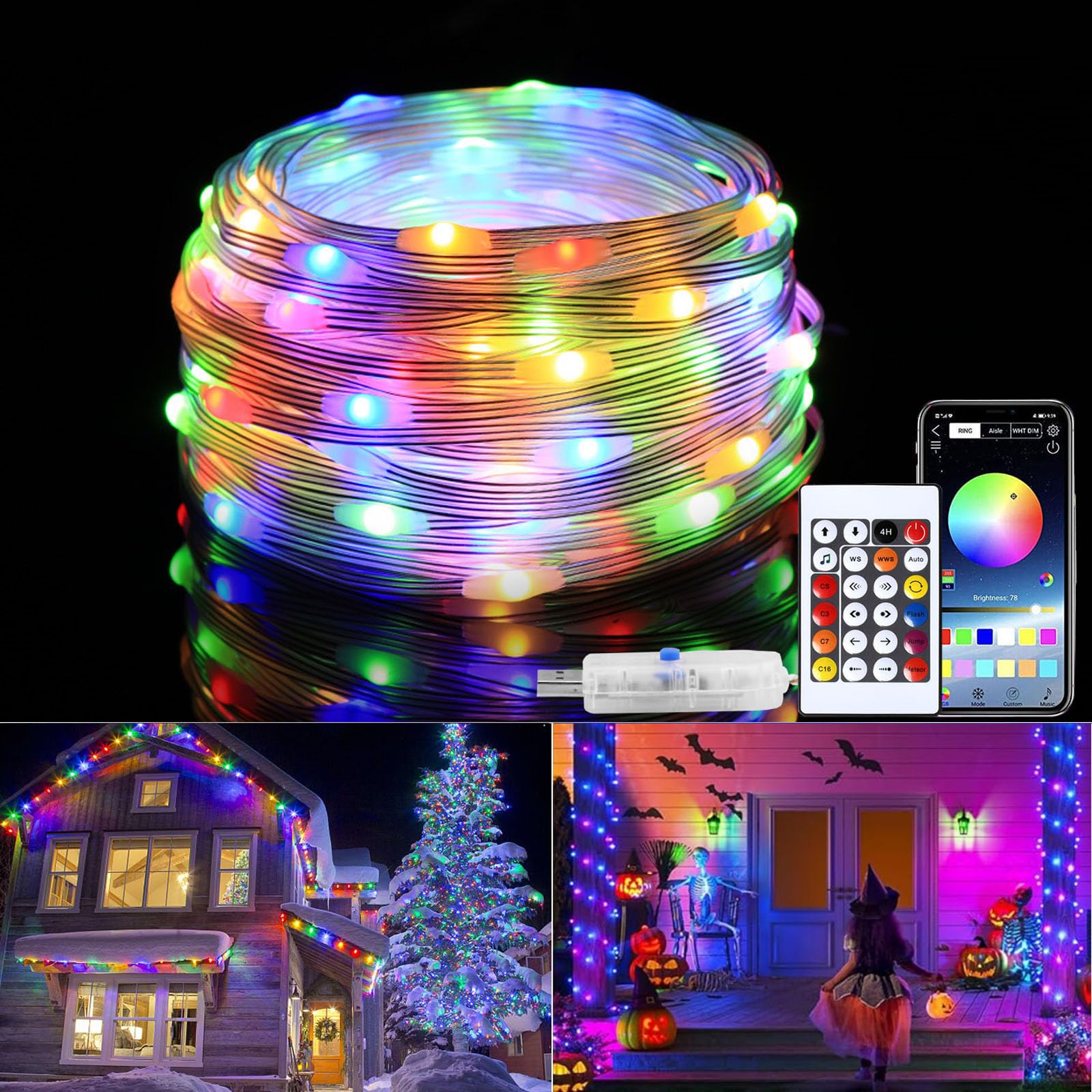 USB 15M Fairy String Lights,150LEDs Outdoor Rope Lights with Remote/APP Control Christmas Lights indoor Copper Wire Fairy Lights with Waterproof Timer Dimmable for Bedroom,Party,Festival Decor