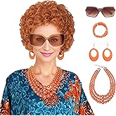 Miss U Hair Women Short Curly Red Orange Wig and Glasses Orange Oversized Jewelry Set Halloween Party Wig