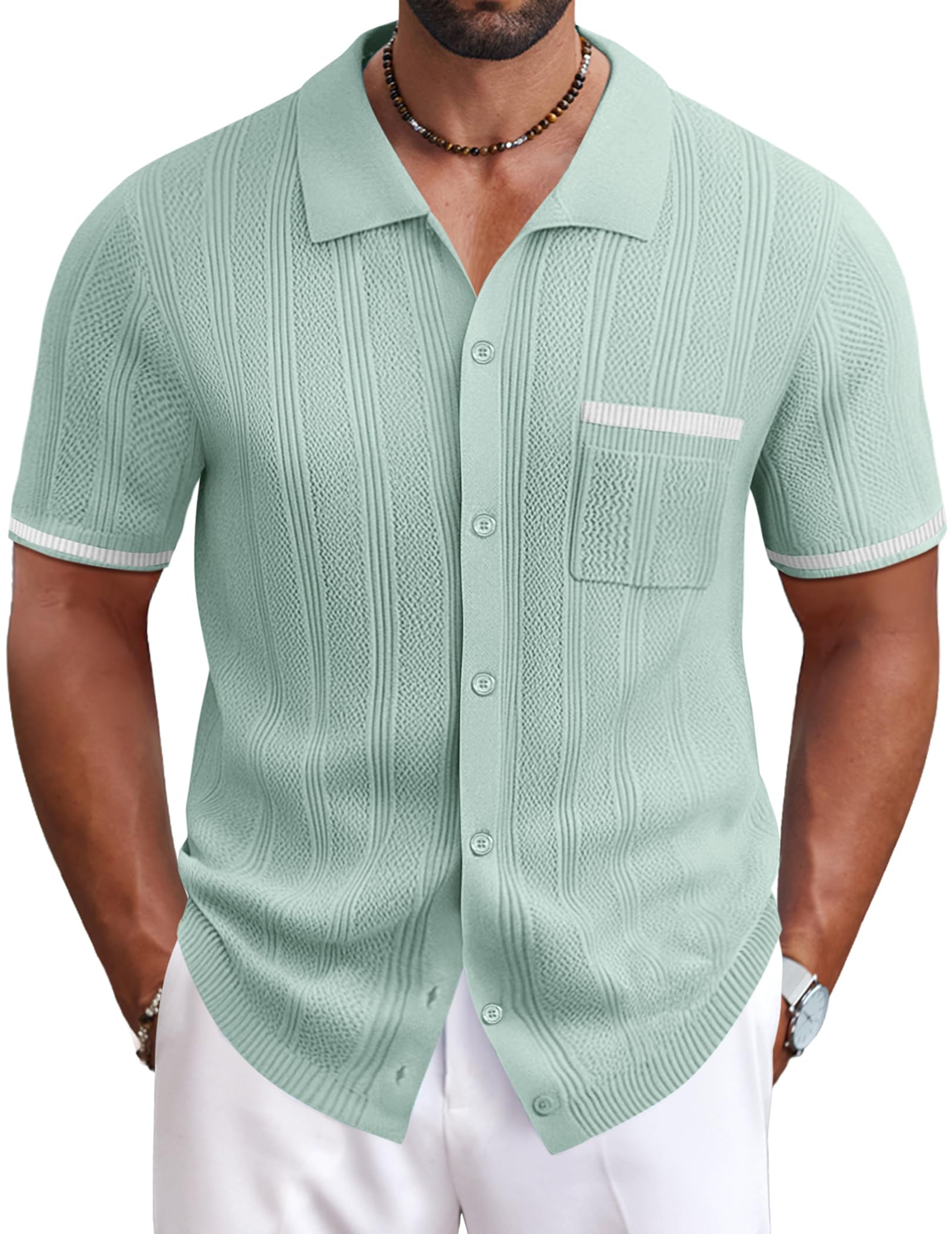 Photo 1 of 3XL- COOFANDY Men's Short Sleeve Knit Shirts 2025 Vintage Button Down Polo Shirt Casual Beach Tops Ice Green