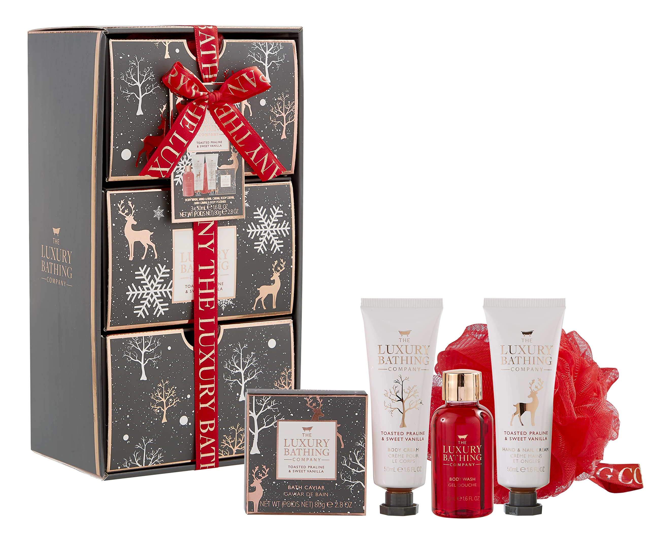 The Luxury Bathing Company - Hidden Gems - 50ml Body Wash, 2 x 50ml Hand & Body Cream, 80g Bath Caviar and Body Polisher, red