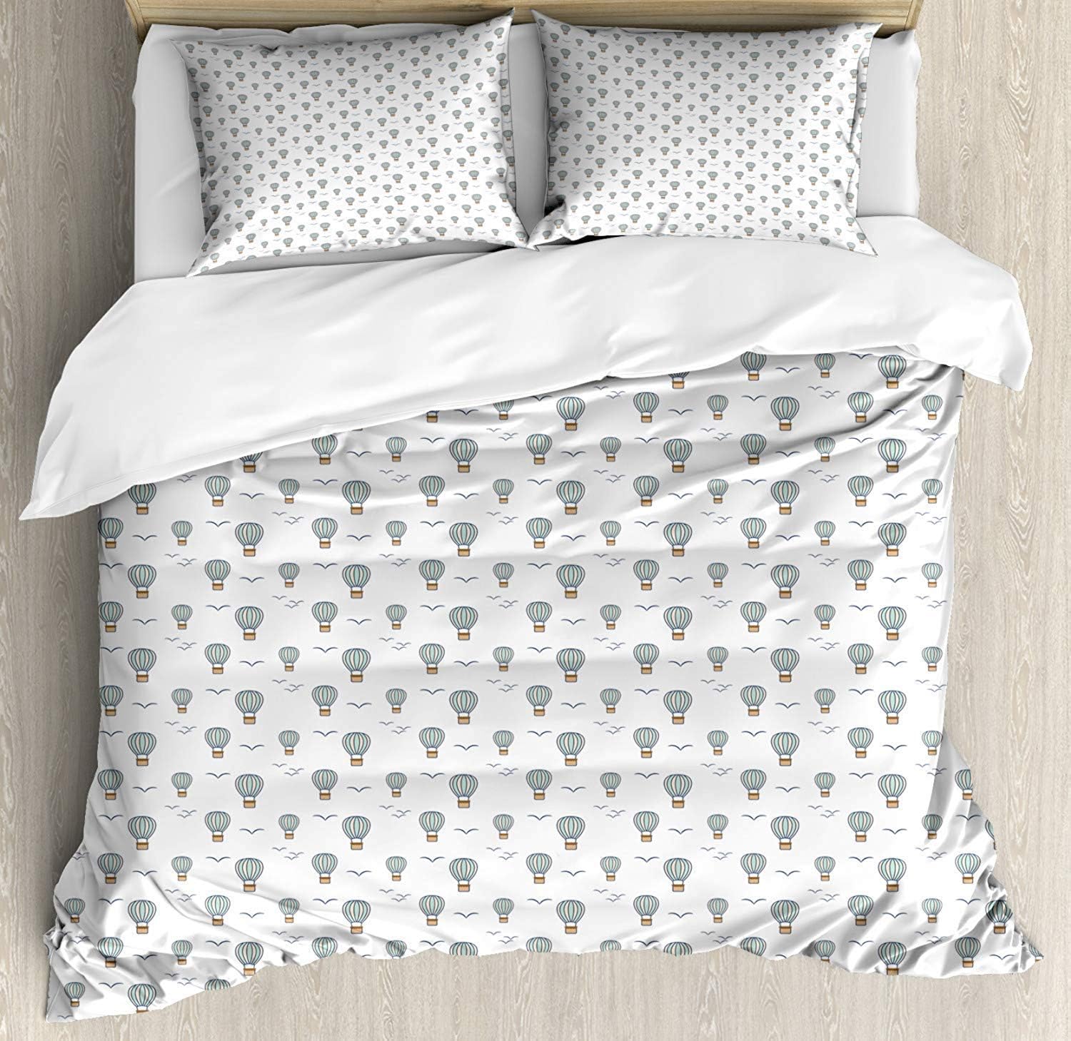 JamirtyRoy1 Doodle Duvet Cover Set Single Size, Hot Air Balloons Flying Through The Sky with Birds, Decorative 3 Piece Bedding Set with 2 Pillow Shams, Almond Green Champagne and Dark Lavender
