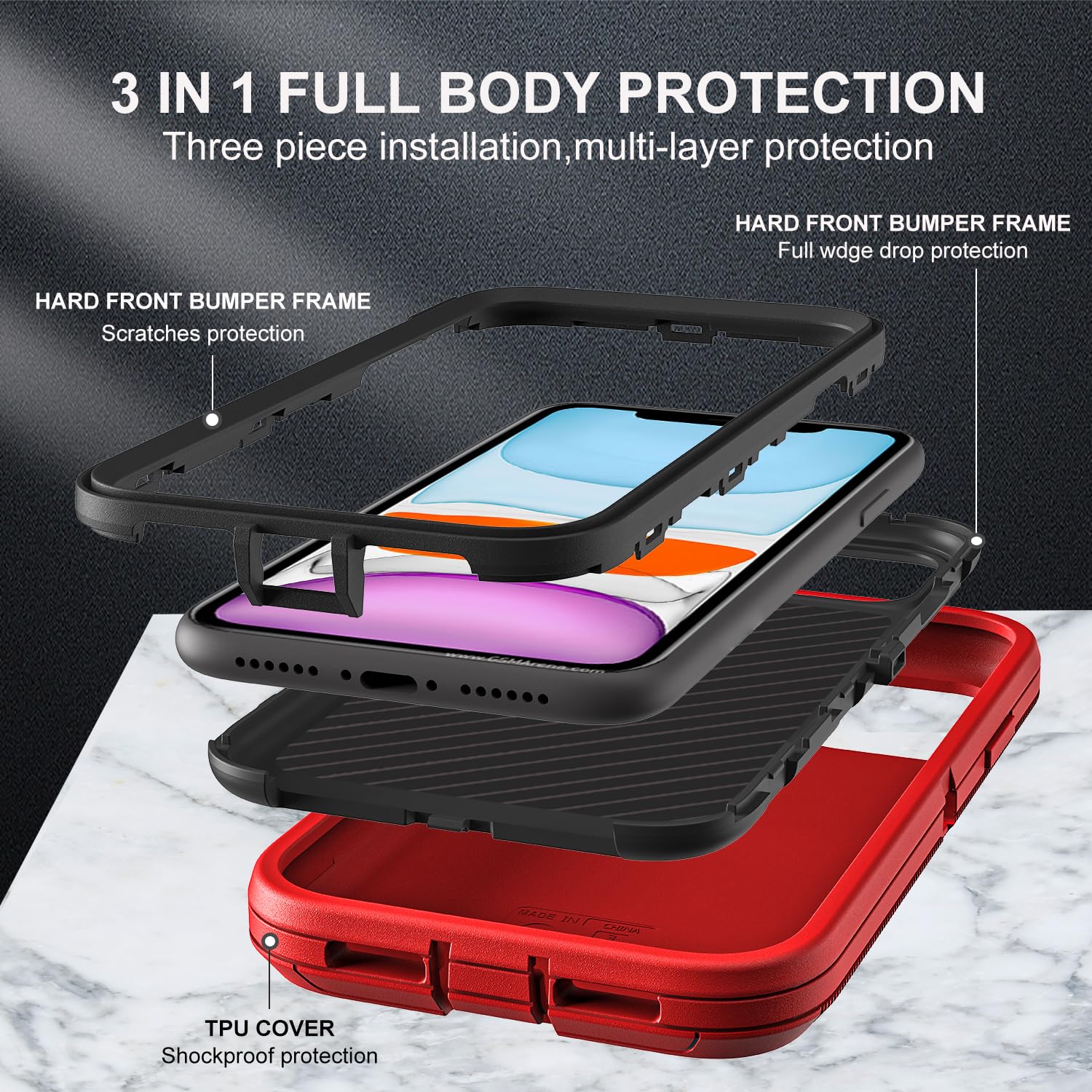 for iPhone 11 Case, Military Grade 3 in 1 Heavy Duty Shockproof/Drop Proof/Dust Proof Case with 2Pcs Tempered Glass Screen Protector (Red/Black)