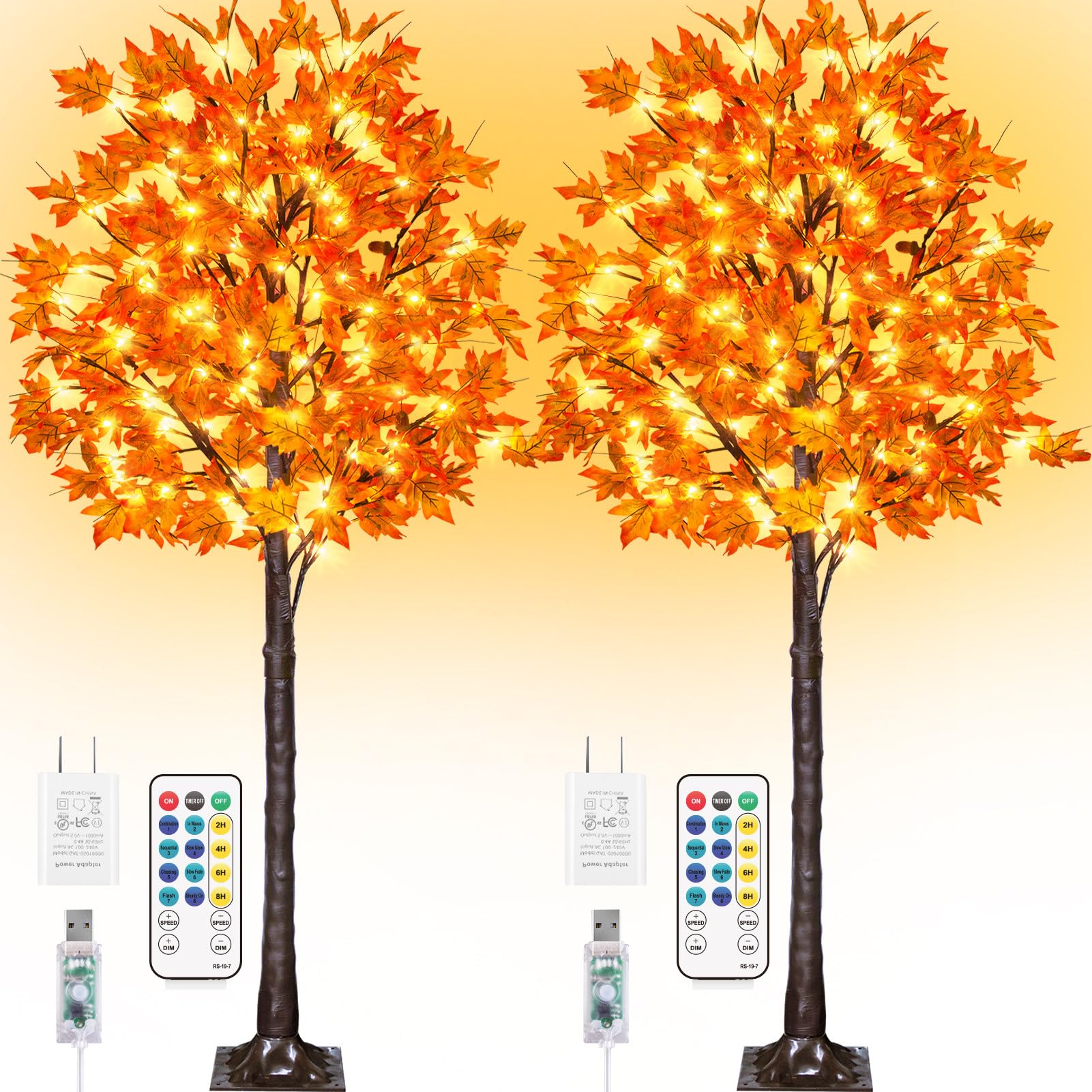 Photo 1 of 2 Pack 6FT 130LED Fall Maple Tree Light - Thanksgiving Decor Artificial Tree with 14 Acorn, Remote 8 Flashing Modes, Timing, DC 5V Safe for Wedding Party Outdoor Decor