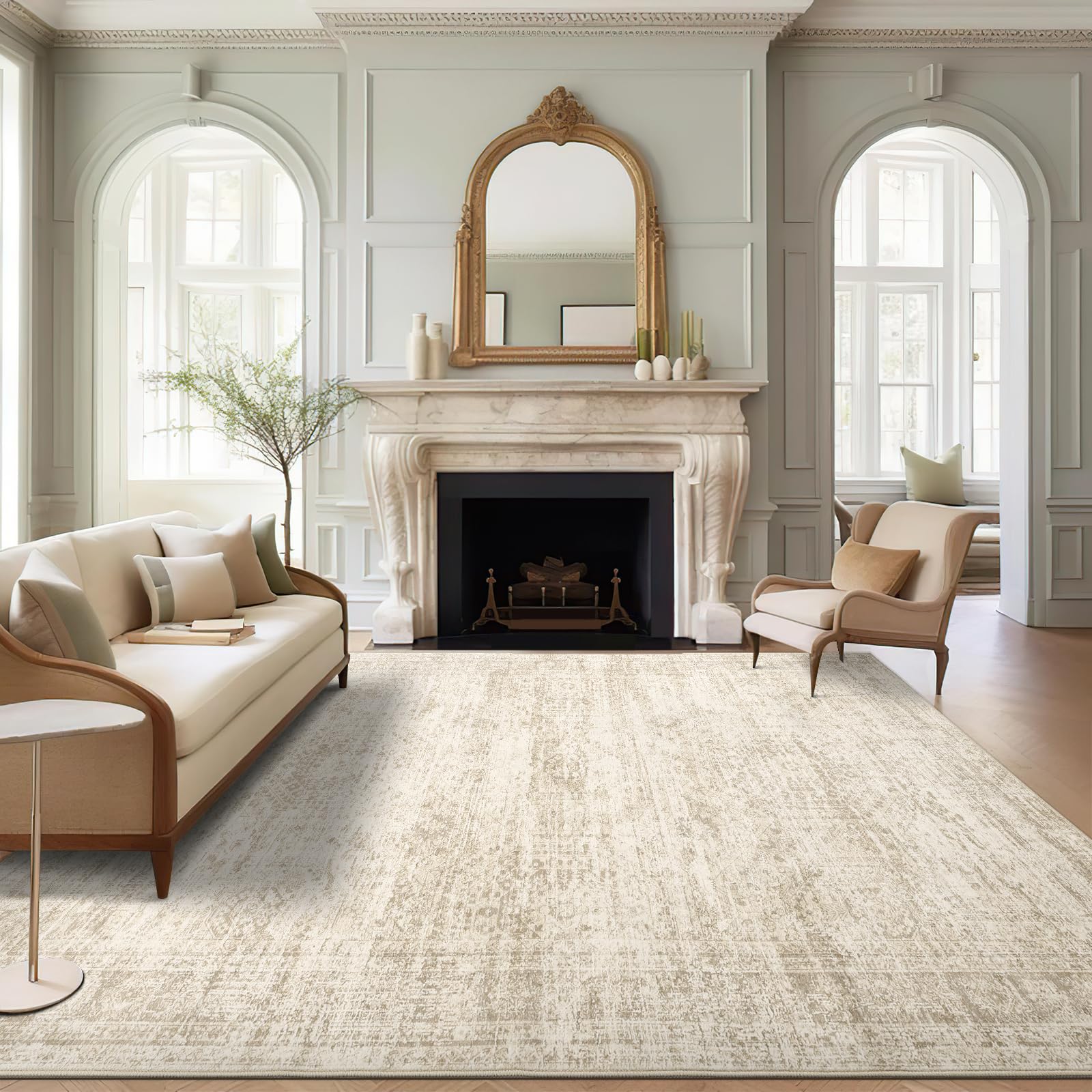 Photo 1 of Soalmost 9x12 Area Rugs for Living Room, Non Slip Machine Washable Vintage Rugs, Low Pile Lightweight Large Rug for Bedroom, Dining Room, Home Office Beige