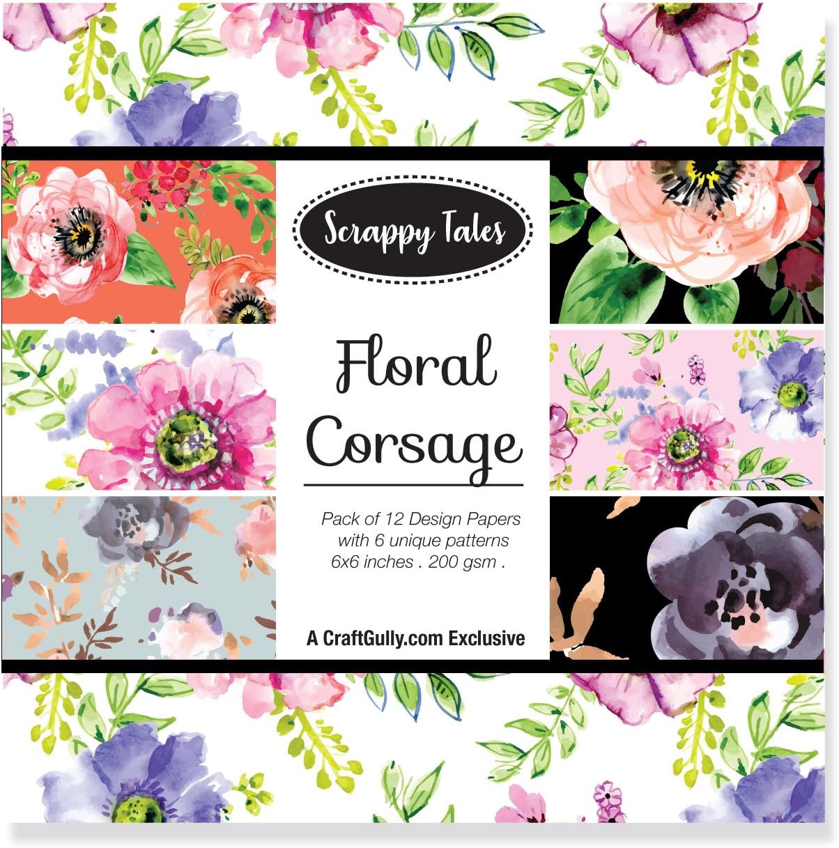 Scrappy Tales Floral Corsage Pattern Designer Printed Thick Paper for Scrapbooking, Card Making, 6x6 Inches, 12 Sheets