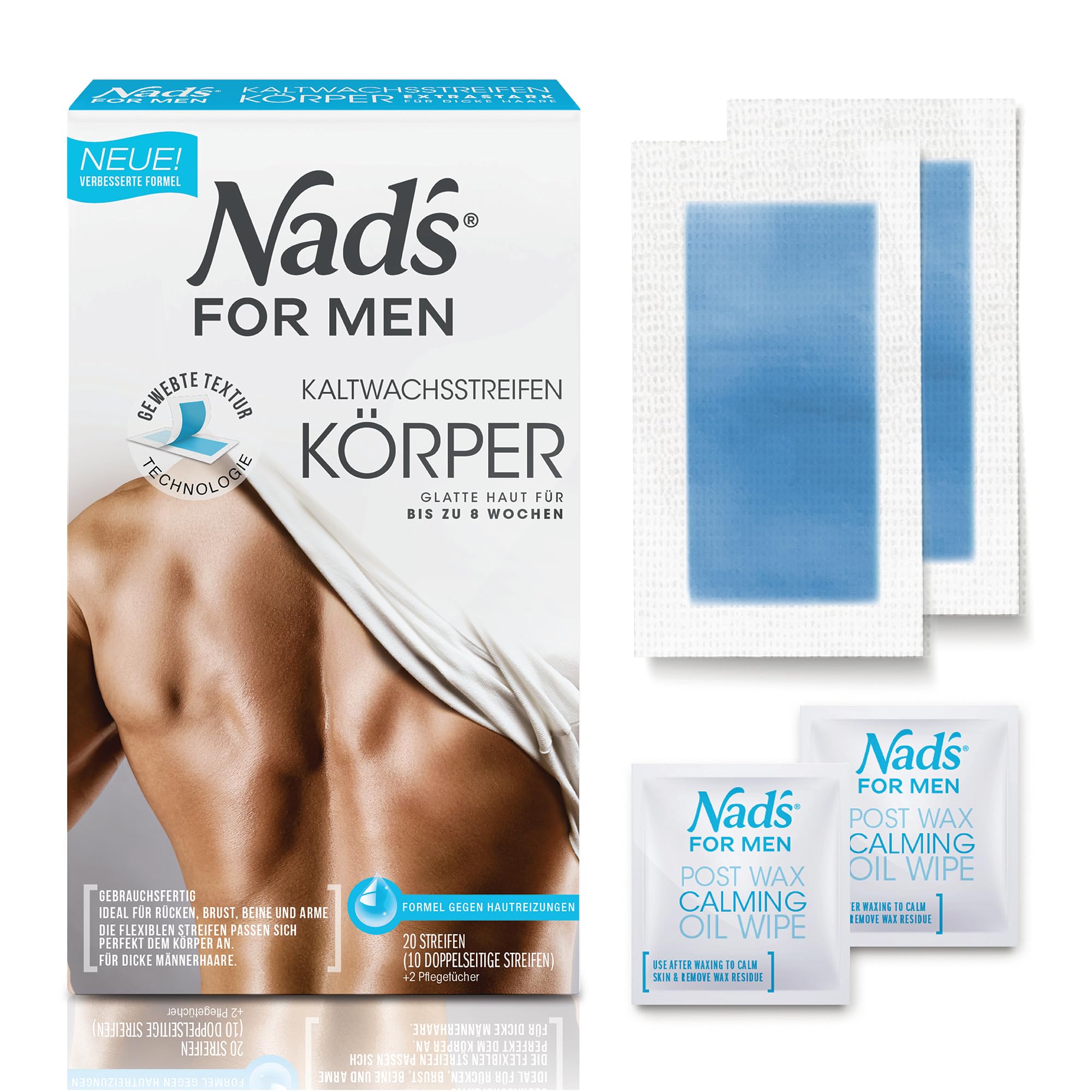 Nad's For Men Cold Wax Strips Men - Hair Removal for Body All Skin Types 20 Wax Strips + 2 Care Wipes