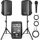 Pyle PA Speaker DJ Mixer Bundle - 300 W Portable Wireless Bluetooth Sound System w/ USB SD XLR 1/4" RCA Inputs - Dual Speaker, Mixer, Microphone, Stand, Cable - Home/Outdoor Party - PPHP28AMX,Black