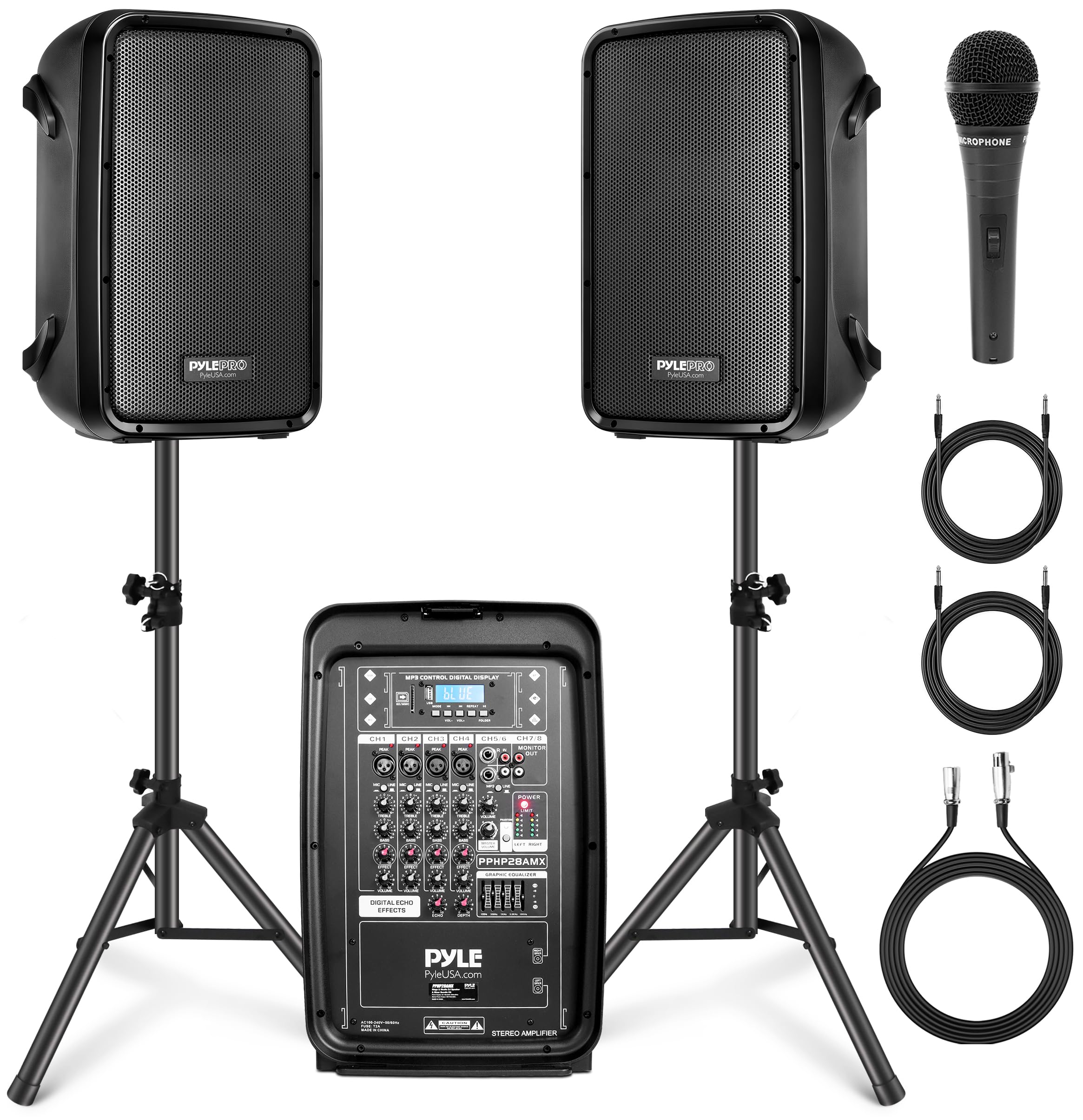 Photo 1 of Pyle PA Speaker DJ Mixer Bundle - 300 W Portable Wireless Bluetooth Sound System w/ USB SD XLR 1/4" RCA Inputs - Dual Speaker, Mixer, Microphone, Stand, Cable - Home/Outdoor Party - PPHP28AMX,Black