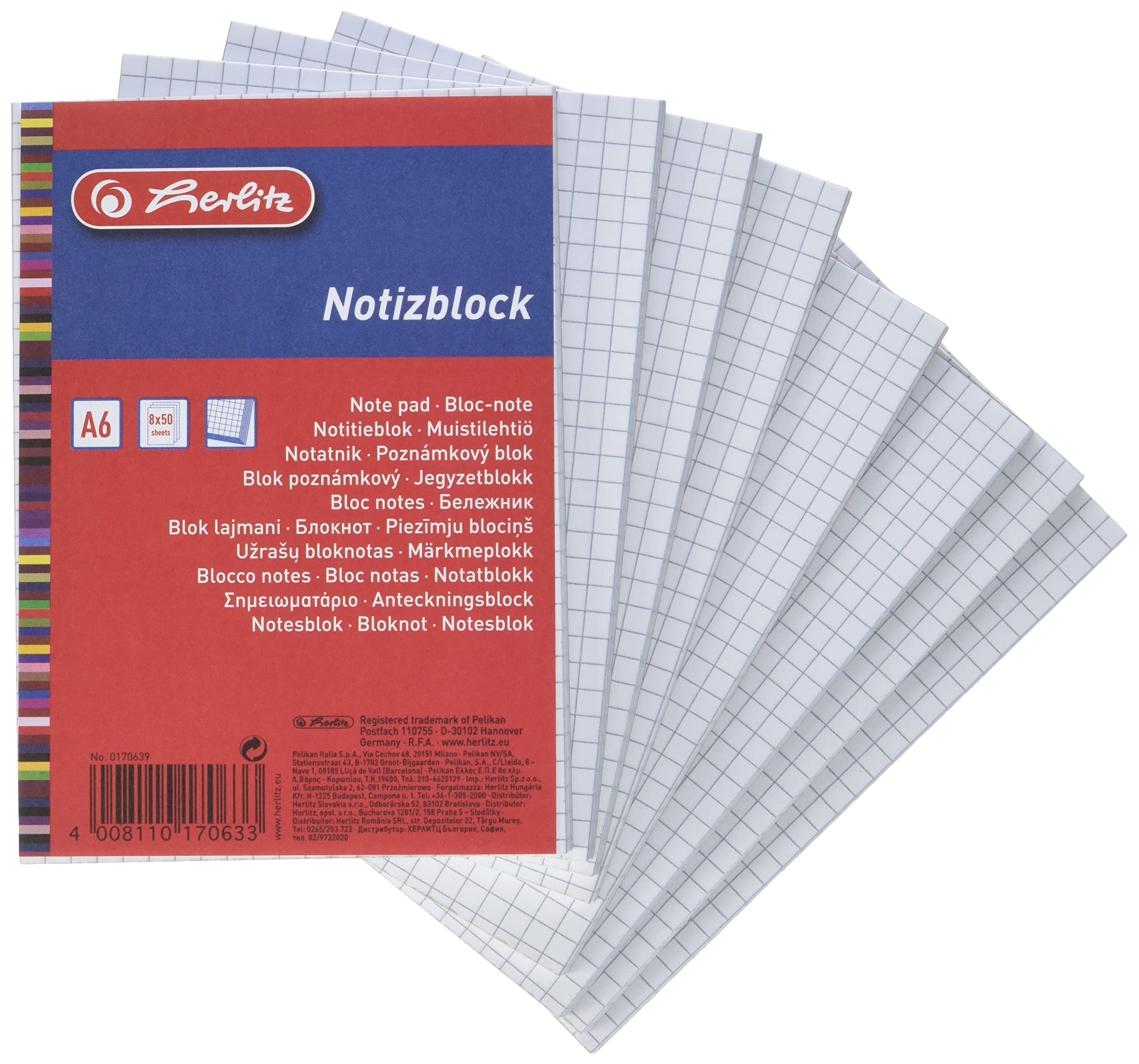 Herlitz 170639 Spiral Notebook A6, 50 Sheets, Pack of 8